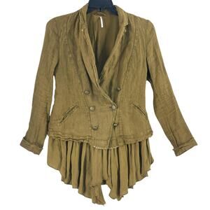 Free People Jacket Womens XS Brown Linen Ruffle Hem Double Breasted Boho Blazer